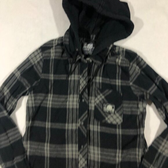 Lurking Class Top Womens Medium Flannel Button Front Shirt Hood Graphic Skull - Picture 3 of 16